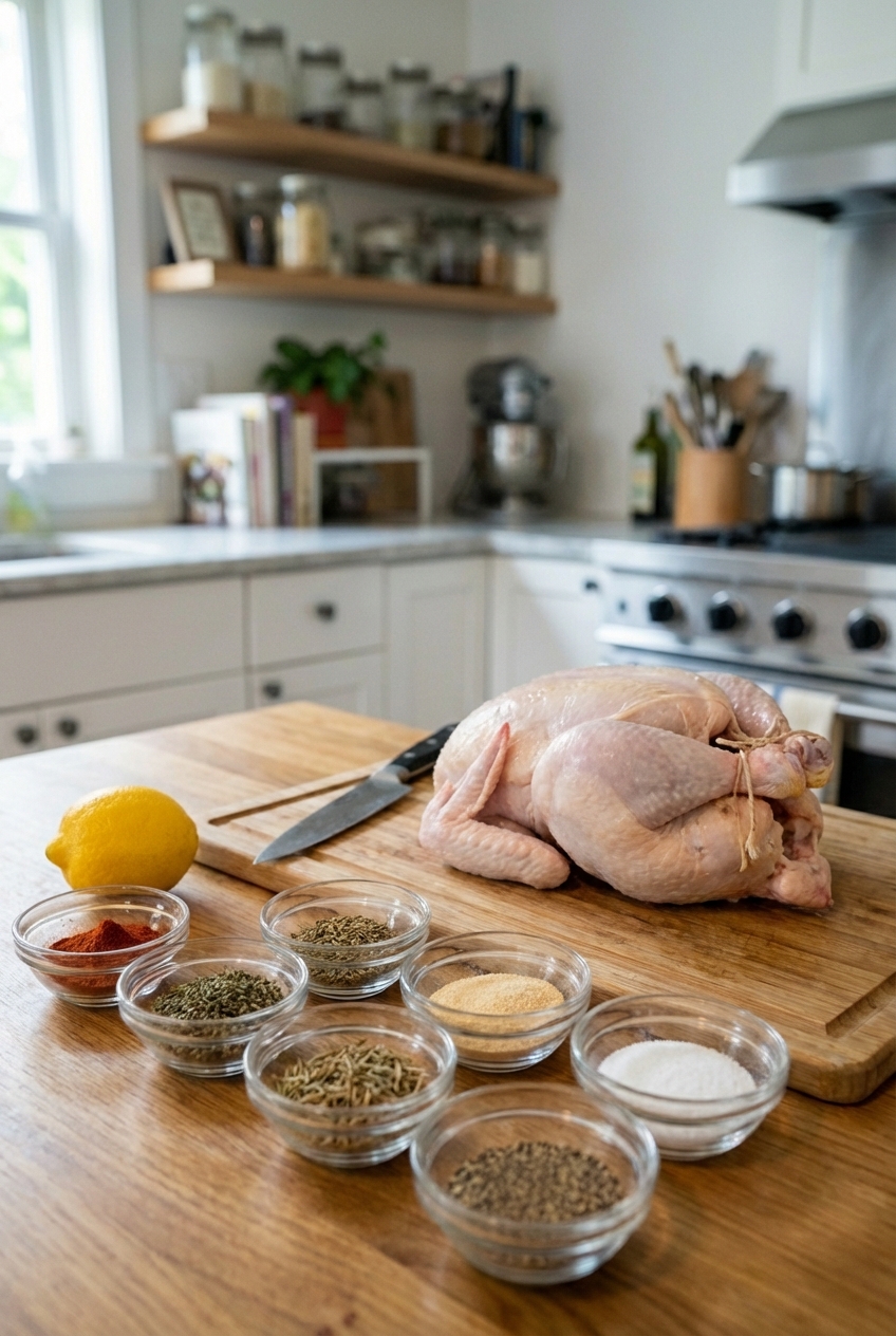 A photo of measured spices in small bowls next to a whole raw chicken and a lemon on a kitchen counter