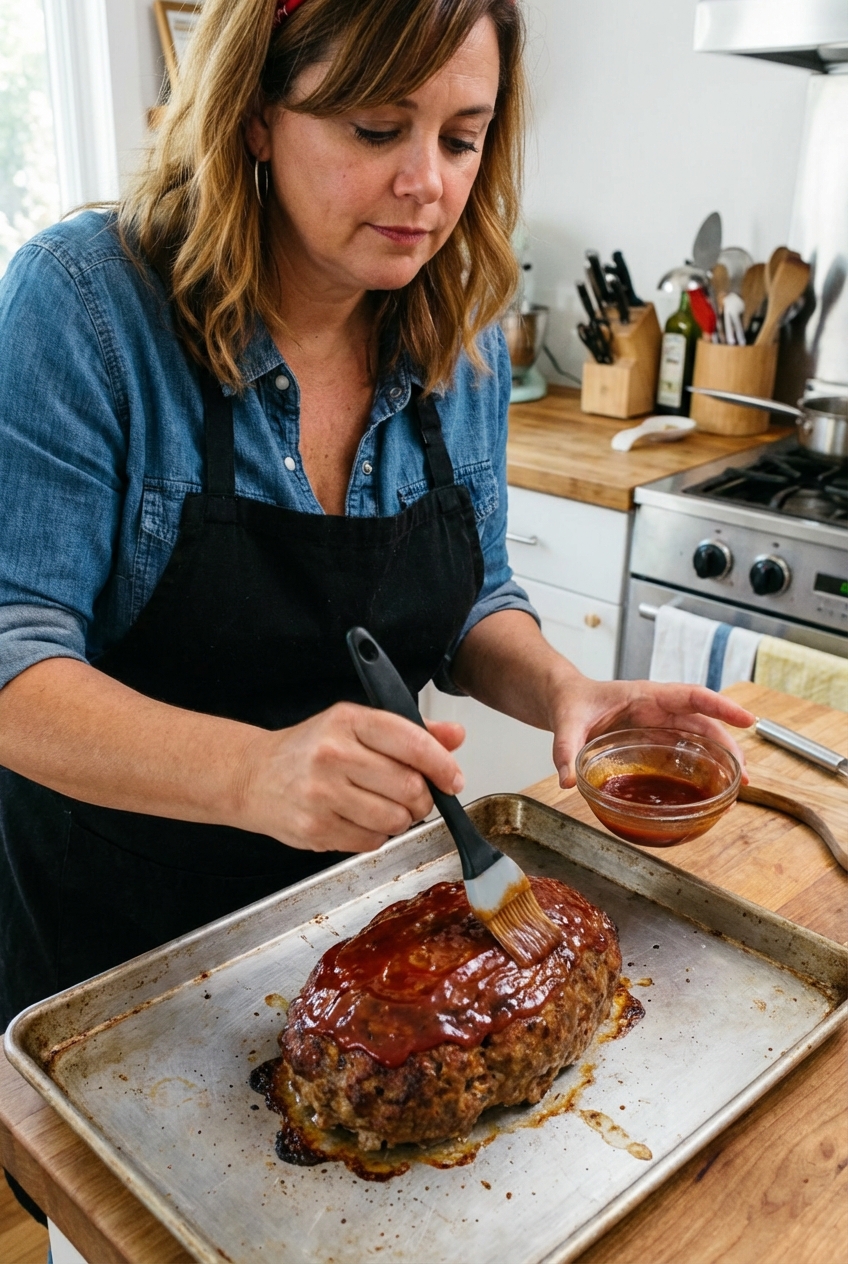 A photo of meatloaf on a baking sheet as a hand brushes a glossy ketchup glaze over the top