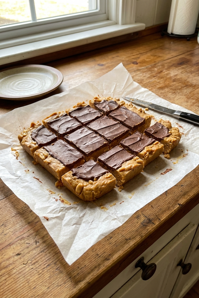 A photo of peanut butter bars cut into squares on parchment paper