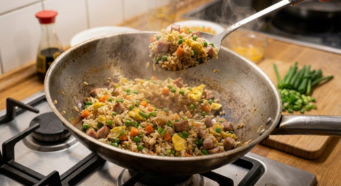 A photo of pork fried rice sizzling in a skillet while being tossed with a spatula