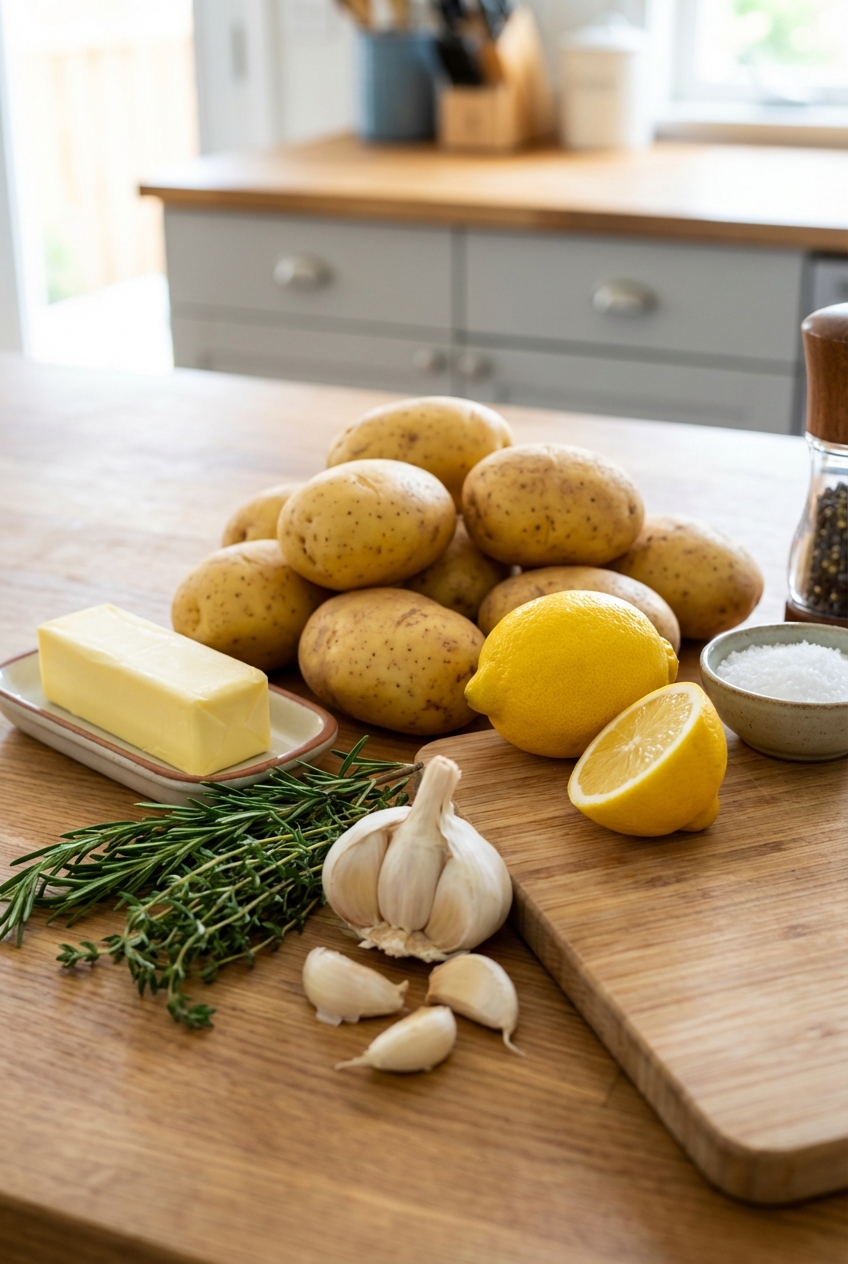 A photo of raw Yukon Gold potatoes, butter, lemon, garlic, and herbs arranged on a countertop ready for cooking