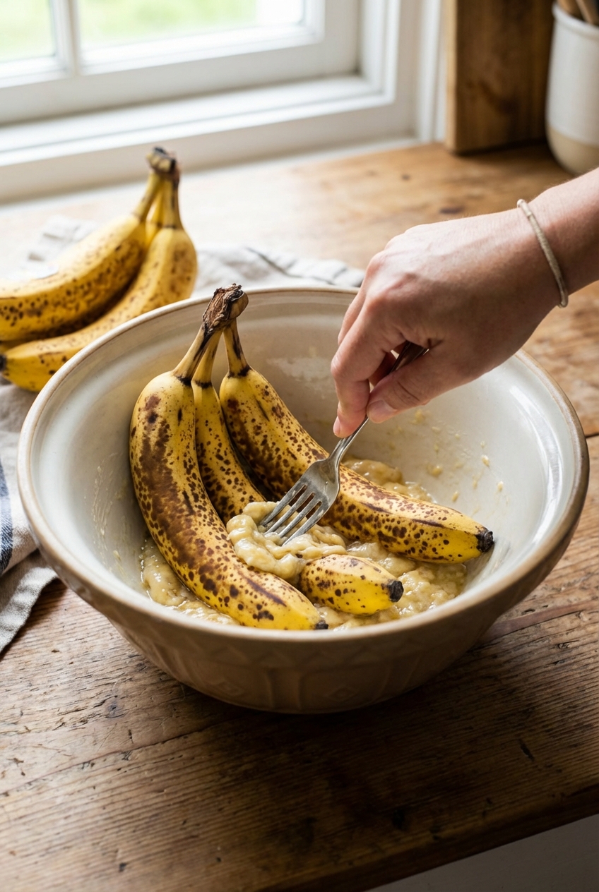 A photo of ripe bananas being mashed with a fork in a mixing bowl on a wooden counter