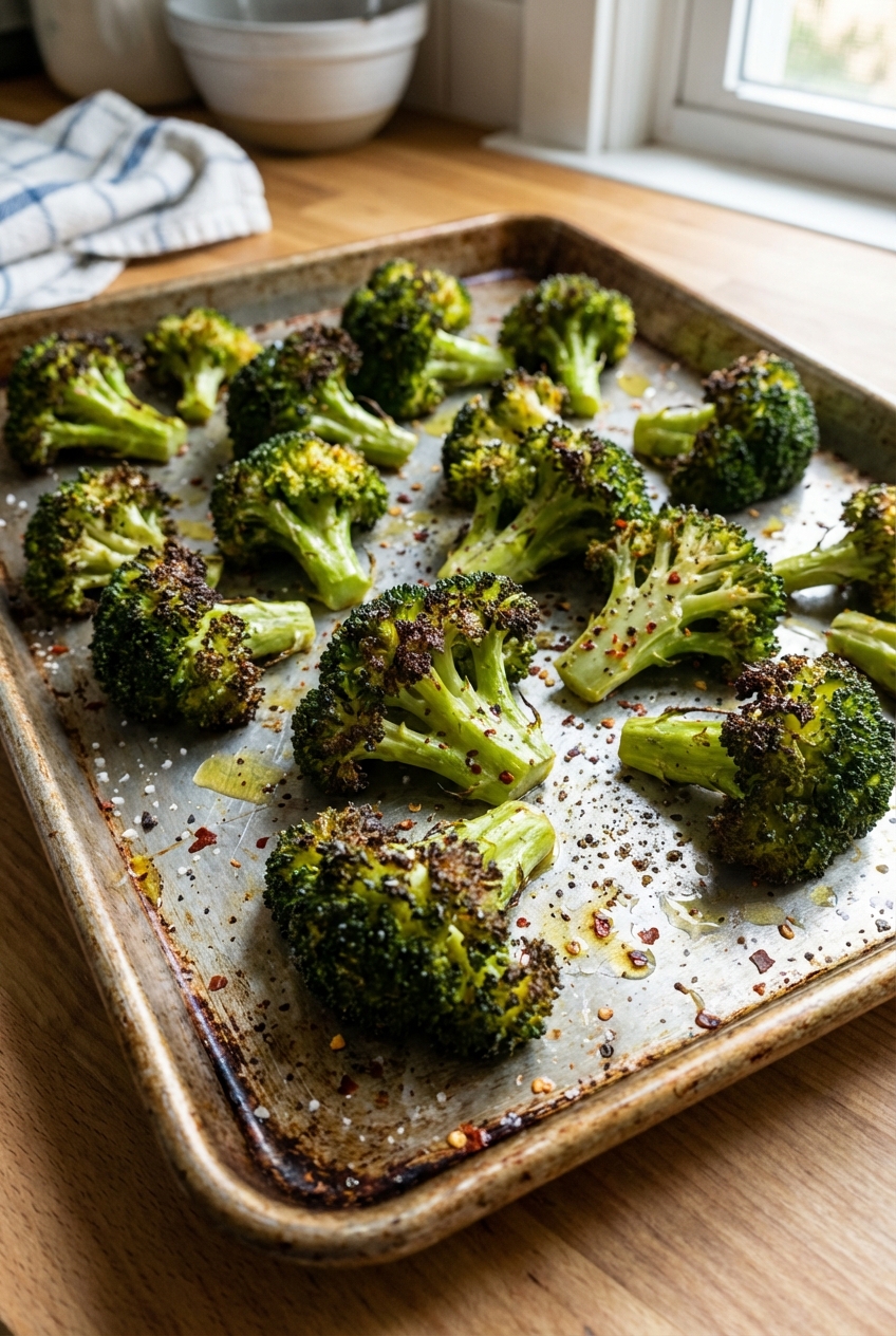 A photo of roasted broccoli with crispy edges on a sheet pan
