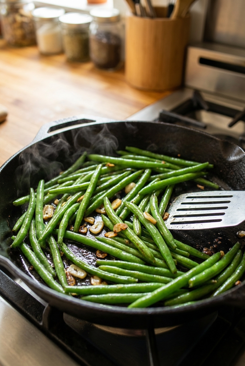 A photo of sautéed green beans with garlic in a skillet