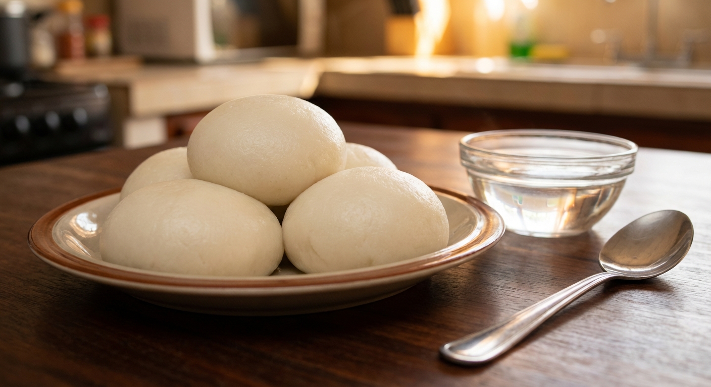 A photo of shaped fufu mounds on a plate with a small bowl of water and a spoon nearby