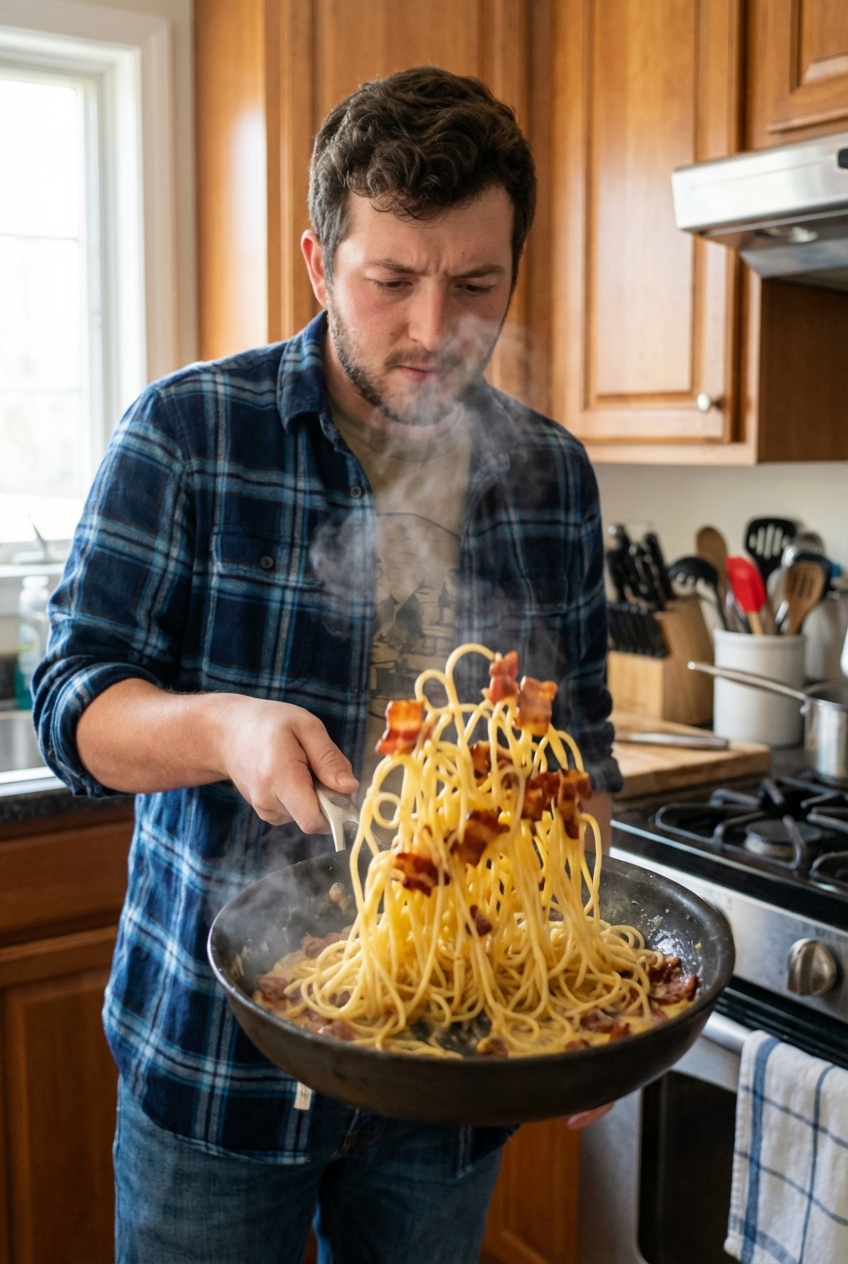 A photo of spaghetti being tossed in a skillet with crispy bacon and glossy carbonara sauce