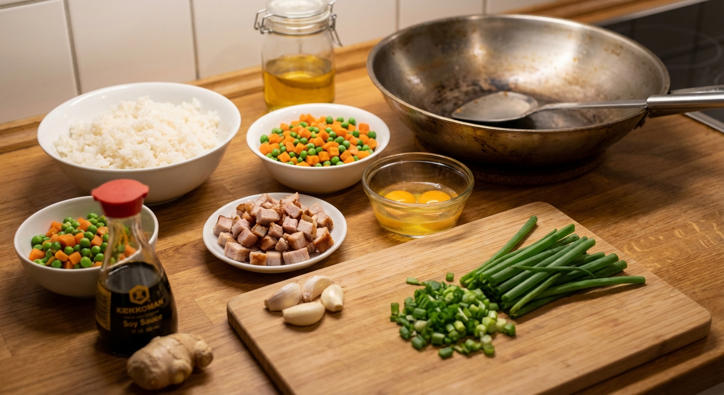 A photo of the ingredients for pork fried rice on a kitchen counter including cooked rice, chopped pork, peas and carrots, eggs, soy sauce, ginger, garlic, and green onions