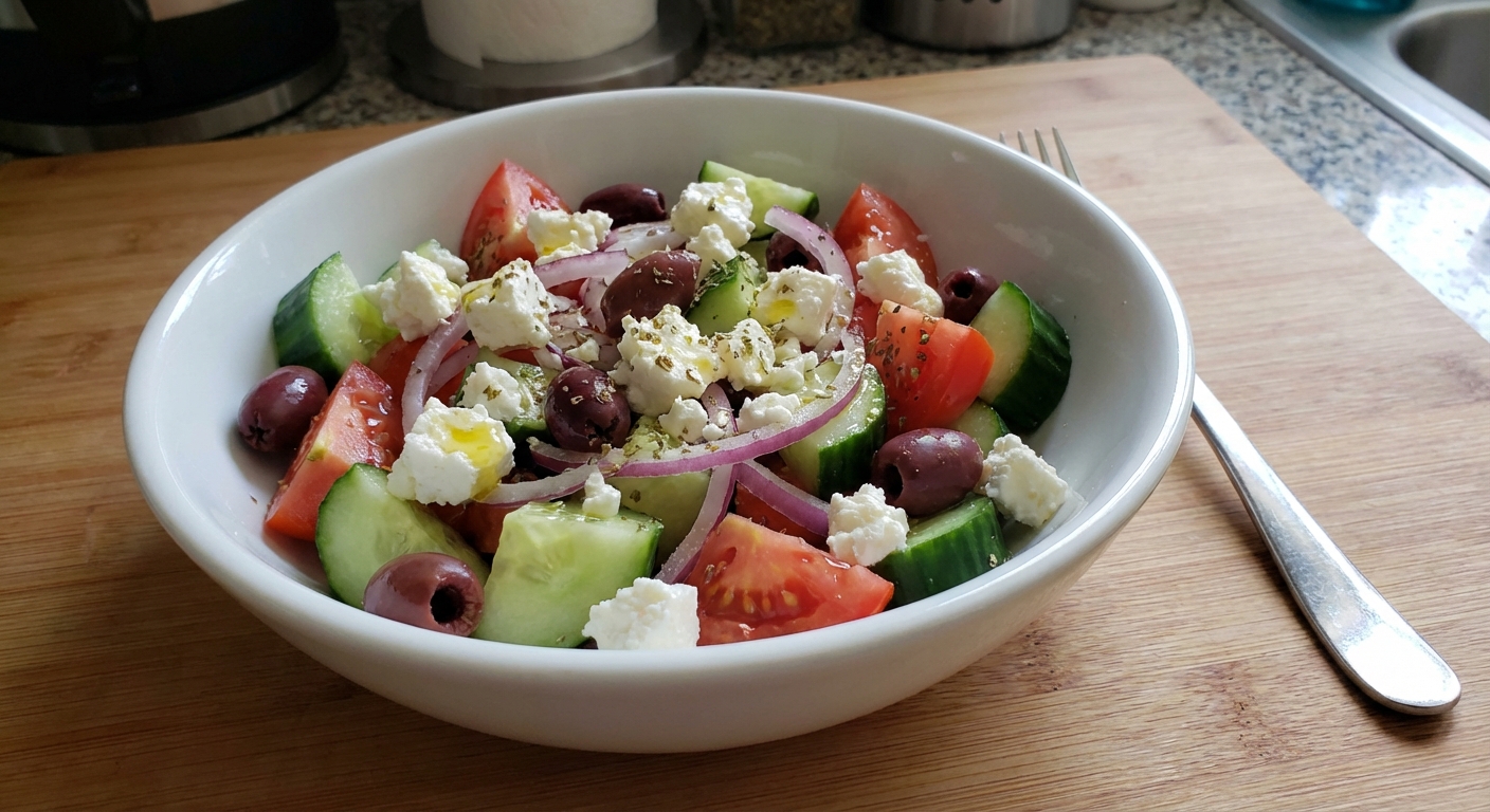A photograph of a Greek salad in a white bowl with cucumbers, tomatoes, red onion, olives, and feta