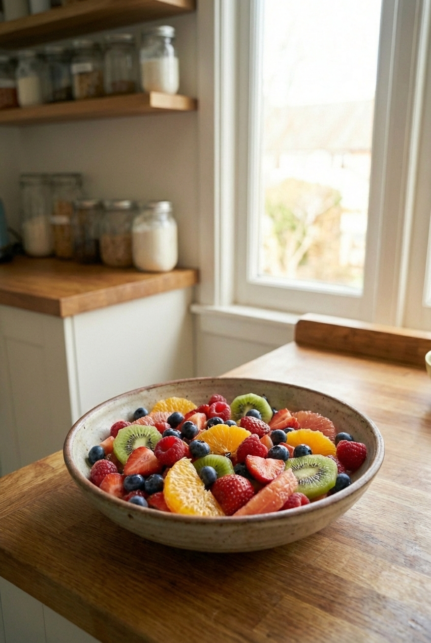 A photograph of a bowl of colorful fruit salad with berries and citrus segments on a table