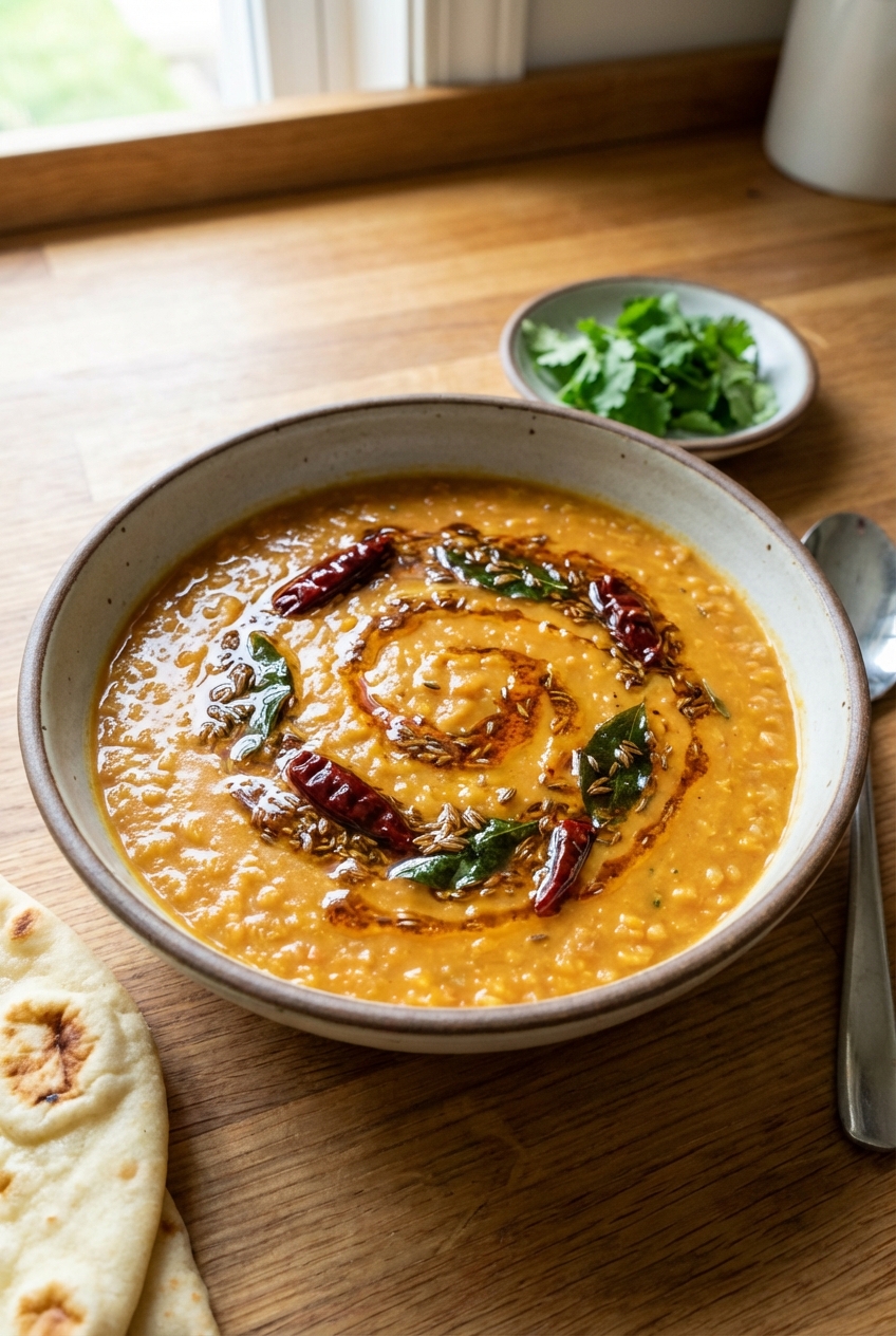 A photograph of a bowl of red lentil dal with a swirl of spiced oil on top