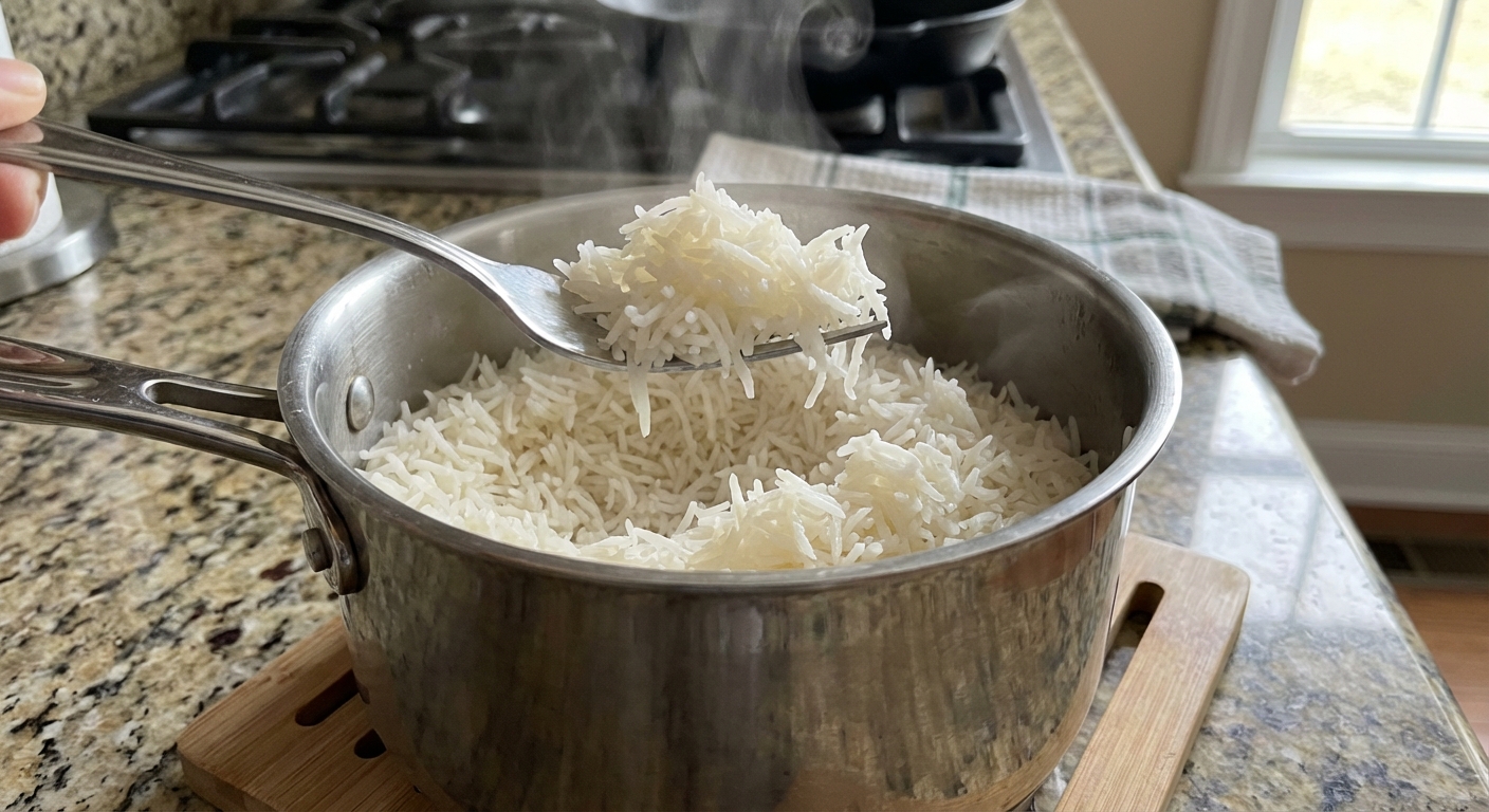 A photograph of a fork fluffing freshly cooked basmati rice in a saucepan with visible separate grains