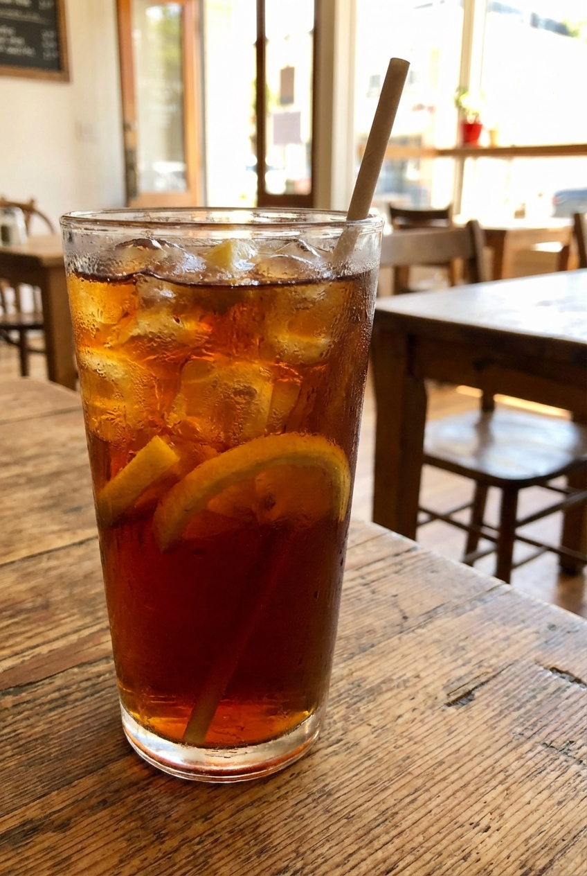 A photograph of a glass of iced tea with lemon slices on a wooden table