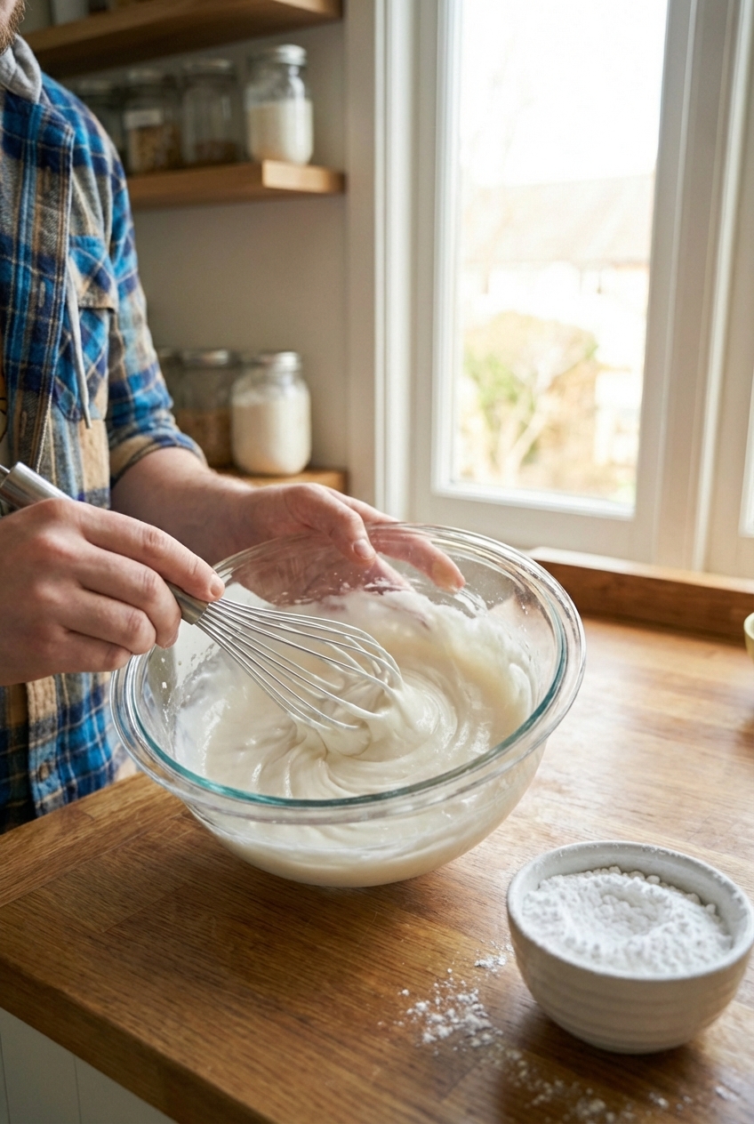 A photograph of a hand whisking silky white icing in a glass bowl on a kitchen counter with a small bowl of powdered sugar nearby