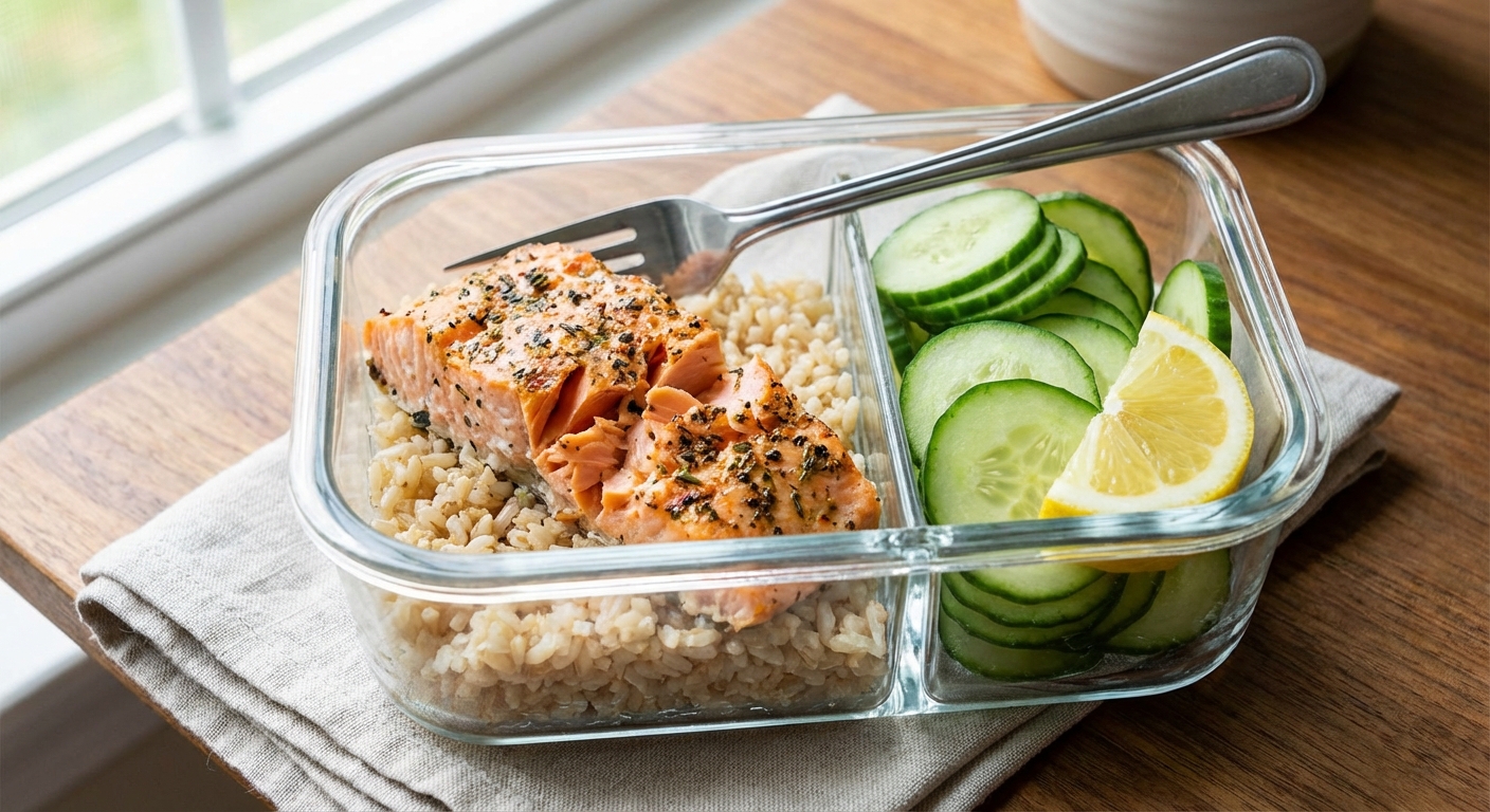 A photograph of a meal prep container with flaked seasoned salmon over rice with sliced cucumbers and a lemon wedge