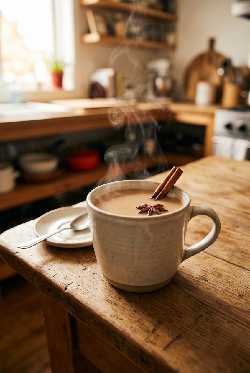 A photograph of a mug of hot chai tea on a wooden table