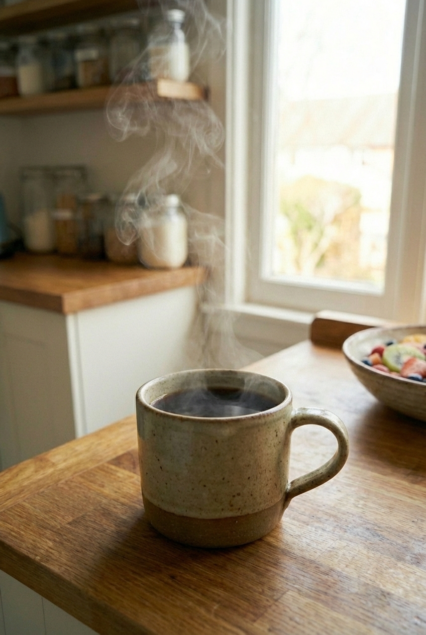 A photograph of a mug of hot coffee with steam rising in morning window light