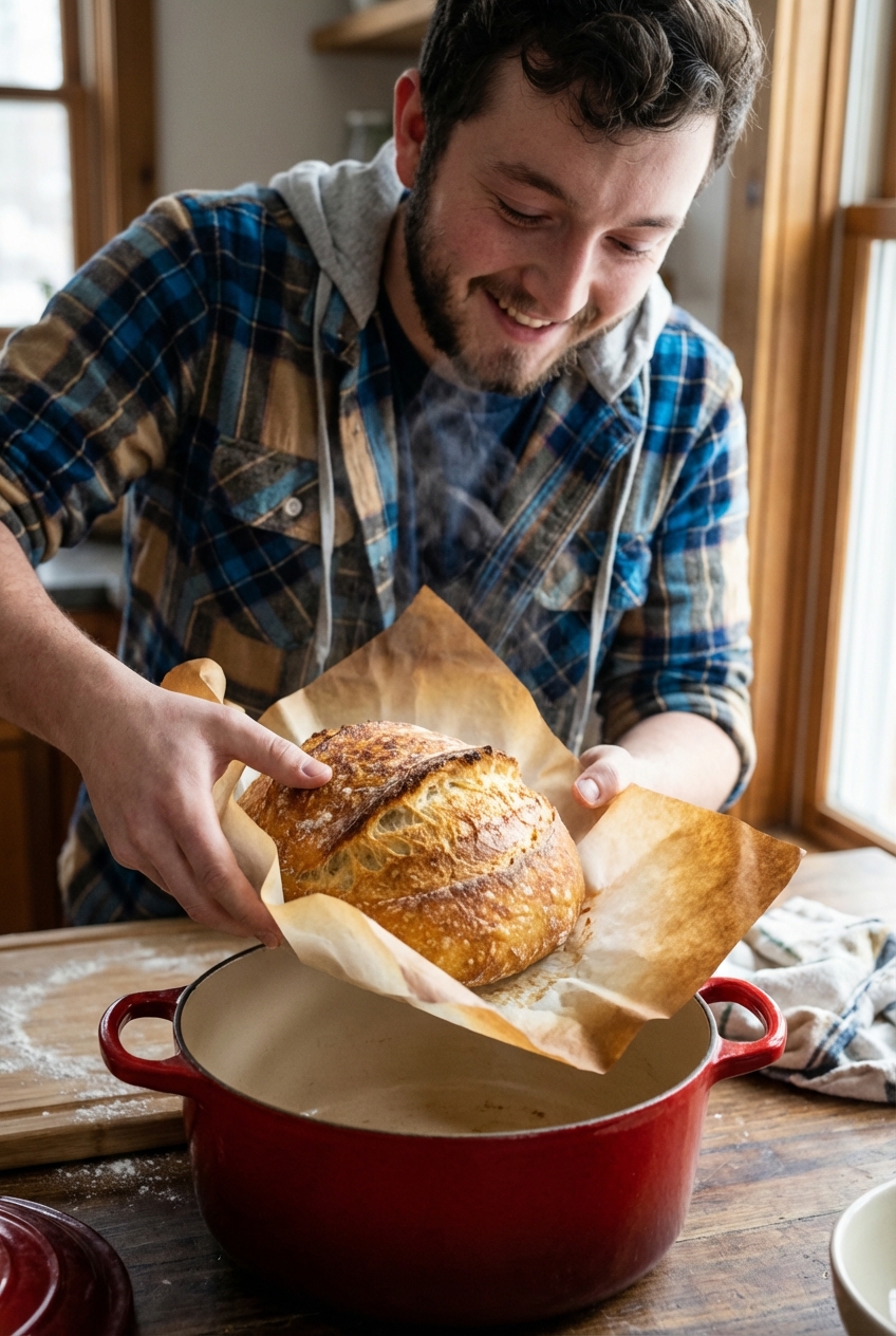 A photograph of a no knead bread loaf being lifted out of a Dutch oven by parchment paper
