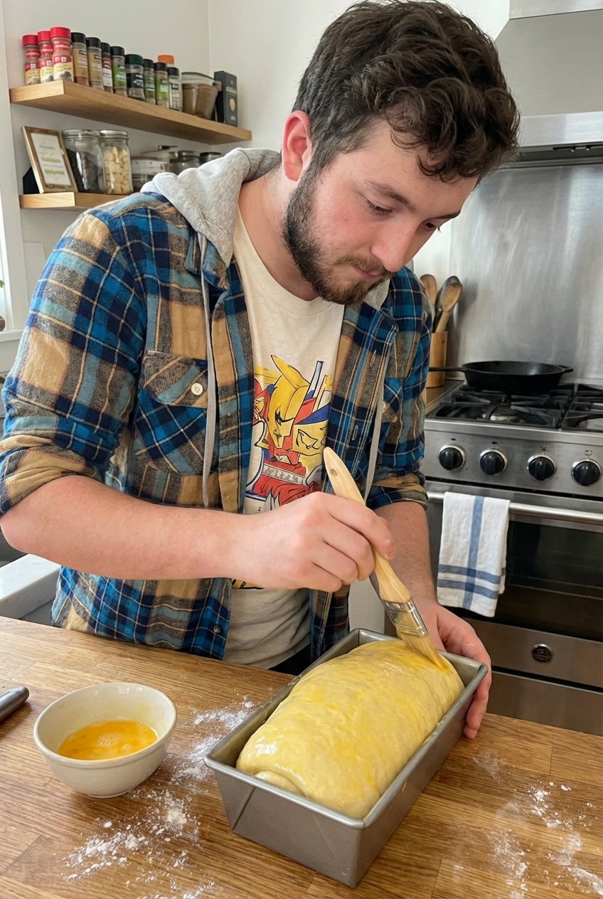 A photograph of a risen bread dough in a loaf pan being brushed with egg wash on a kitchen counter
