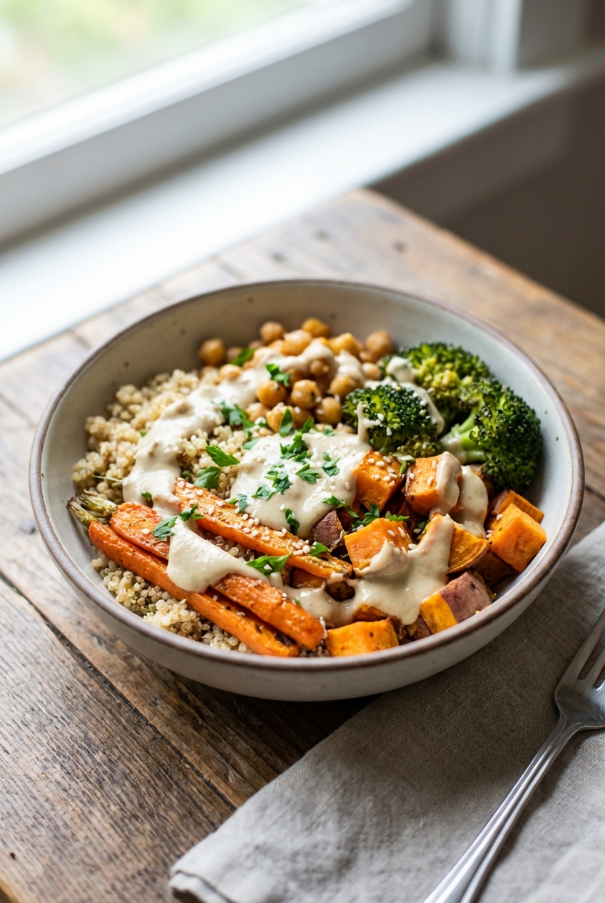 A photograph of a roasted vegetable grain bowl with tahini drizzle in a shallow bowl