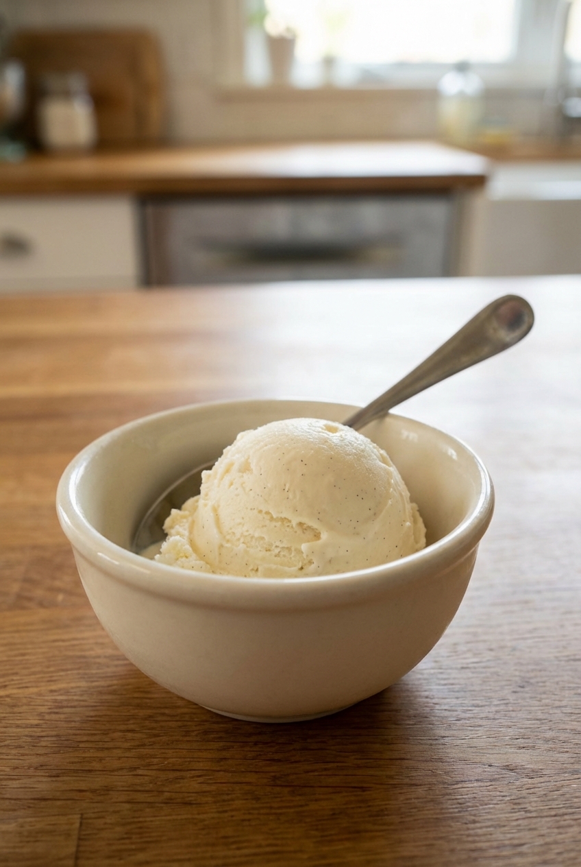 A photograph of a scoop of vanilla ice cream in a small bowl with a spoon