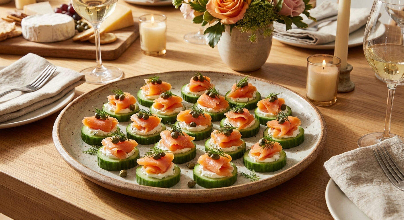 A photograph of a serving platter filled with cucumber smoked salmon bites garnished with capers and dill on a table set for a party