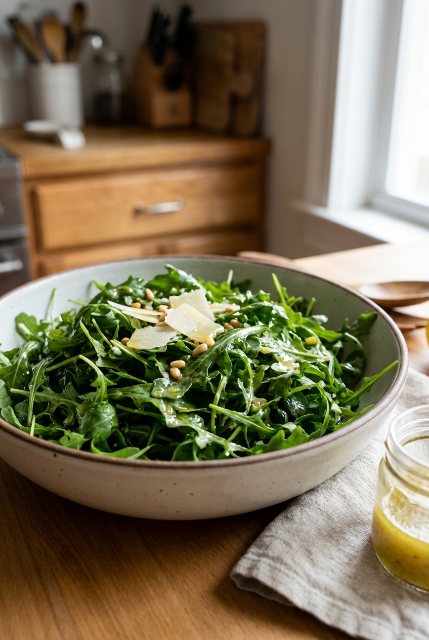 A photograph of a simple arugula salad with lemon vinaigrette in a large bowl