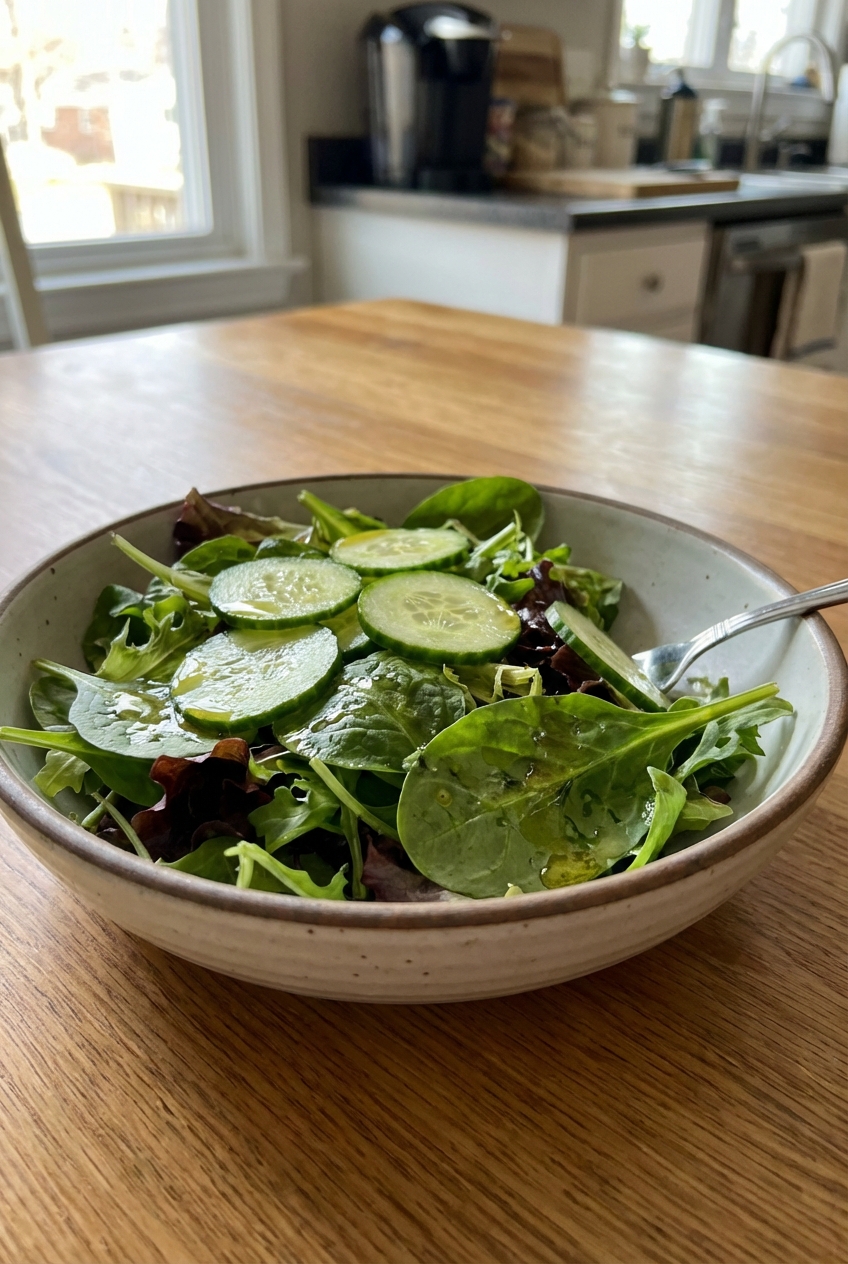 A photograph of a simple green salad with cucumber and vinaigrette