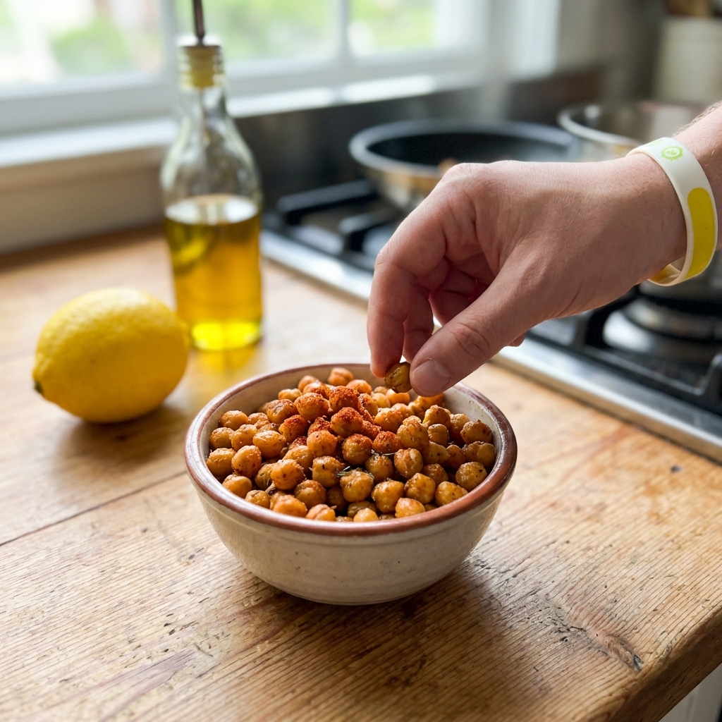 A photograph of a small bowl filled with roasted chickpeas on a kitchen counter with a lemon and olive oil in the background