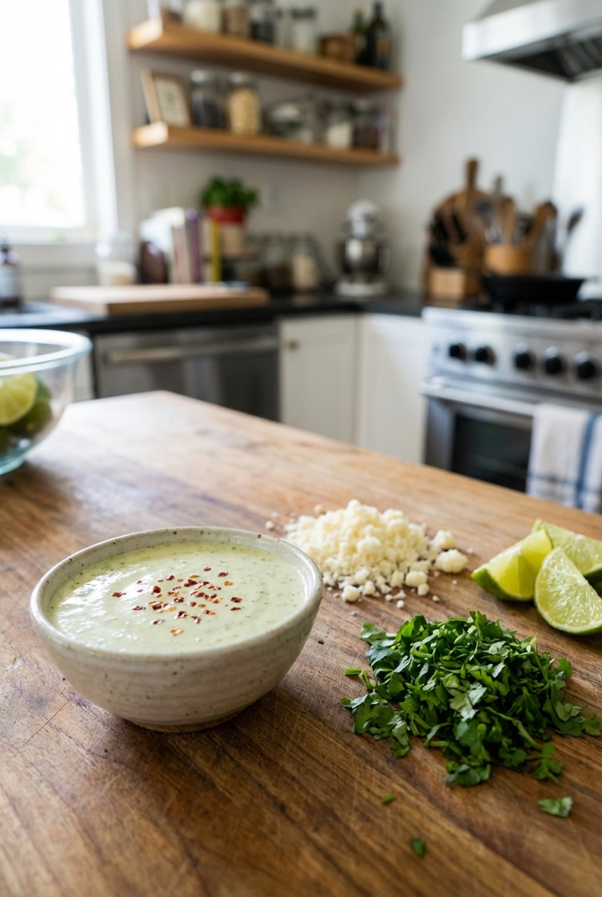 A photograph of a small bowl of creamy lime chili sauce beside cotija cheese, chopped cilantro, and lime wedges on a kitchen counter