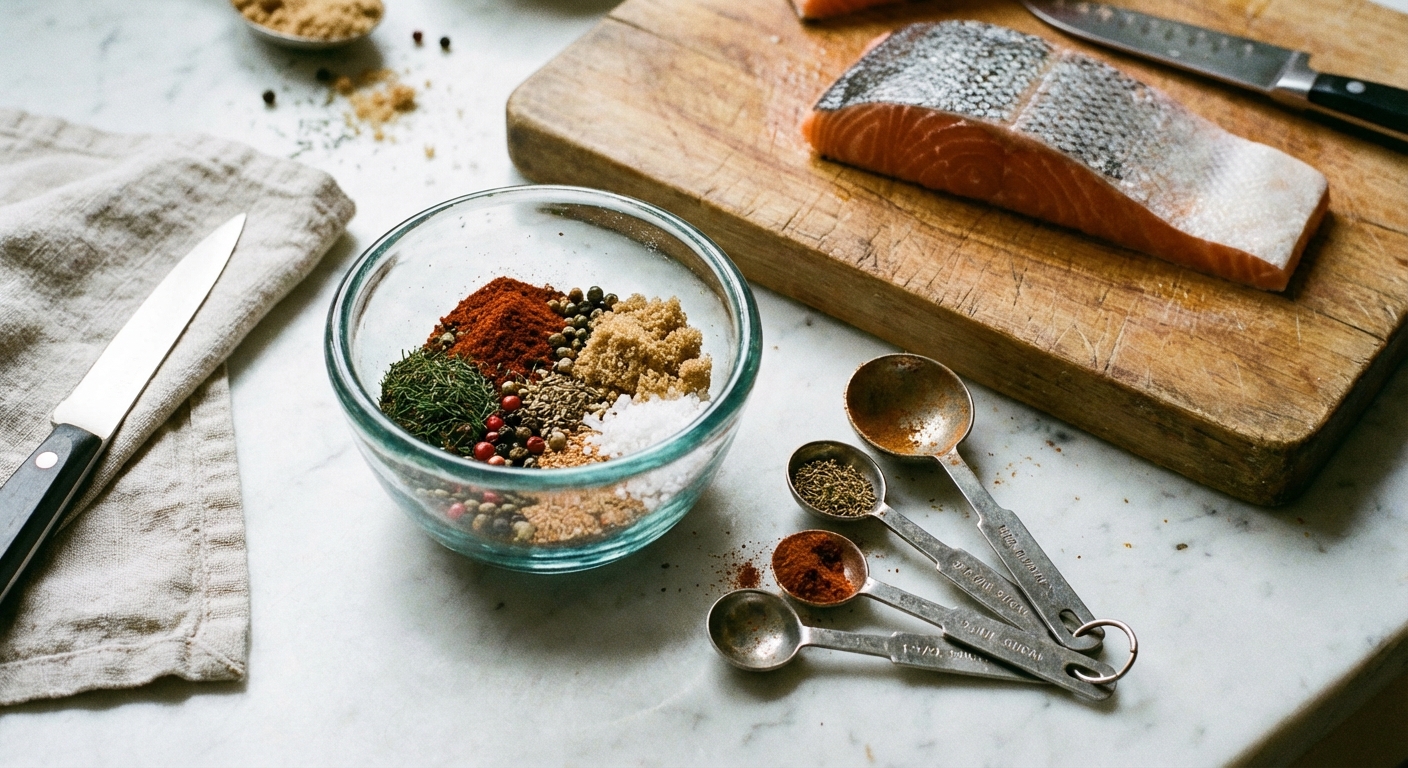 A photograph of a small glass bowl filled with salmon seasoning blend next to measuring spoons and a salmon fillet on a cutting board