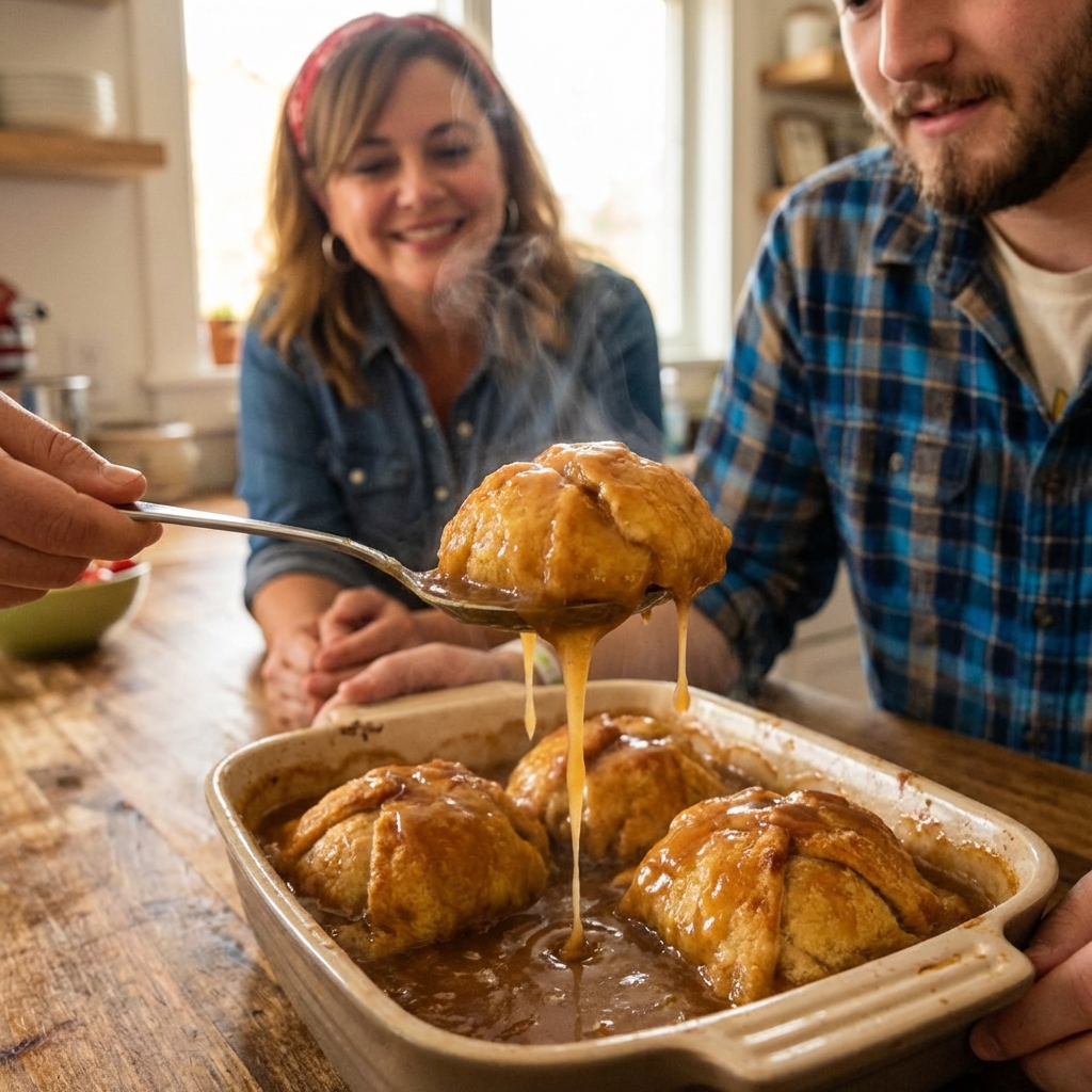 A photograph of a spoon lifting a portion of apple dumpling with sauce dripping back into the baking dish