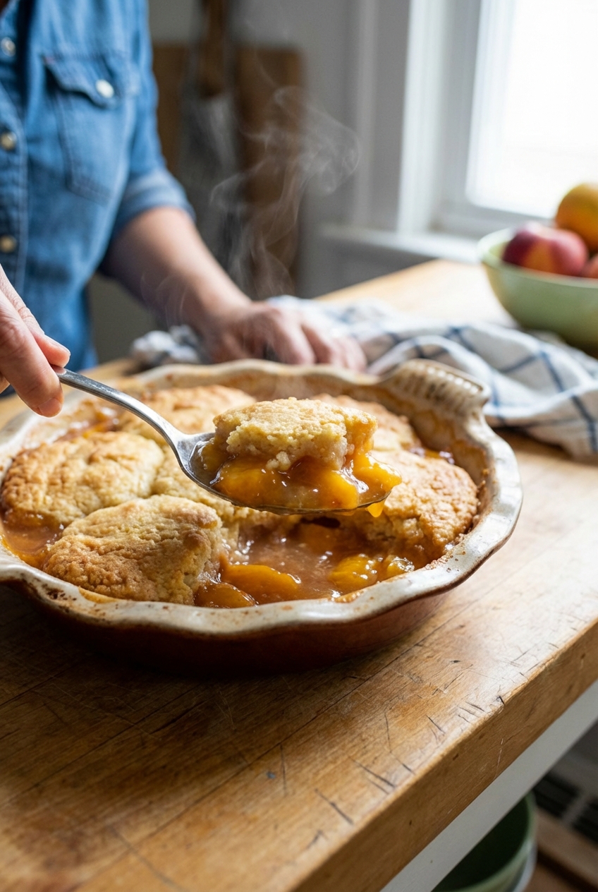 A photograph of a spoon scooping warm peach cobbler from a baking dish, showing a silky filling and golden topping