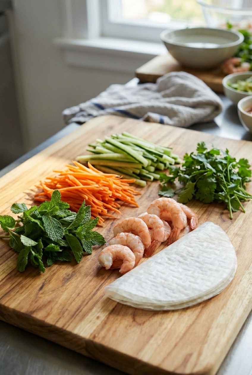 A photograph of a wooden cutting board with neatly sliced cucumbers, shredded carrots, mint, cilantro, cooked shrimp, and rice paper wrappers ready for assembling spring rolls