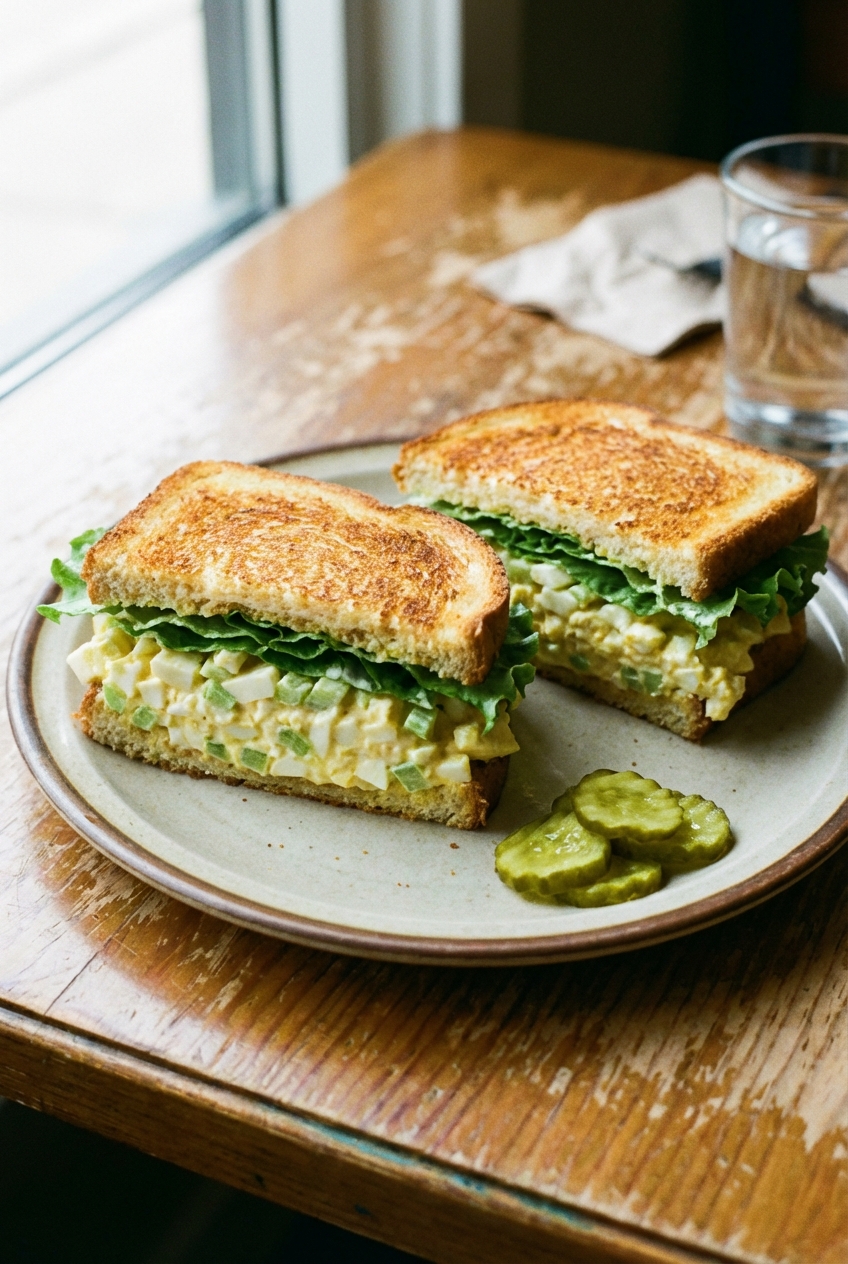 A photograph of an egg salad sandwich on toasted bread with lettuce and sliced pickles on the side