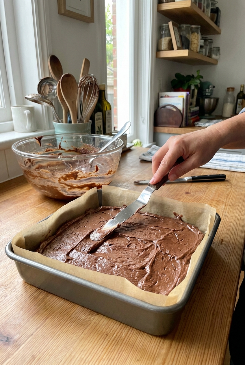A photograph of brownie batter being spread into a parchment-lined square metal baking pan