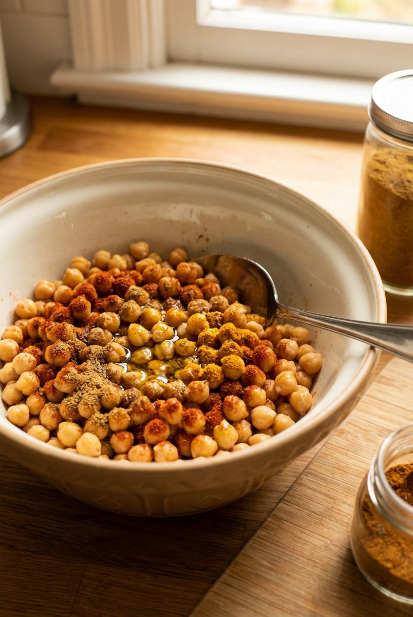 A photograph of chickpeas in a mixing bowl coated in spices with a spoon resting on the side