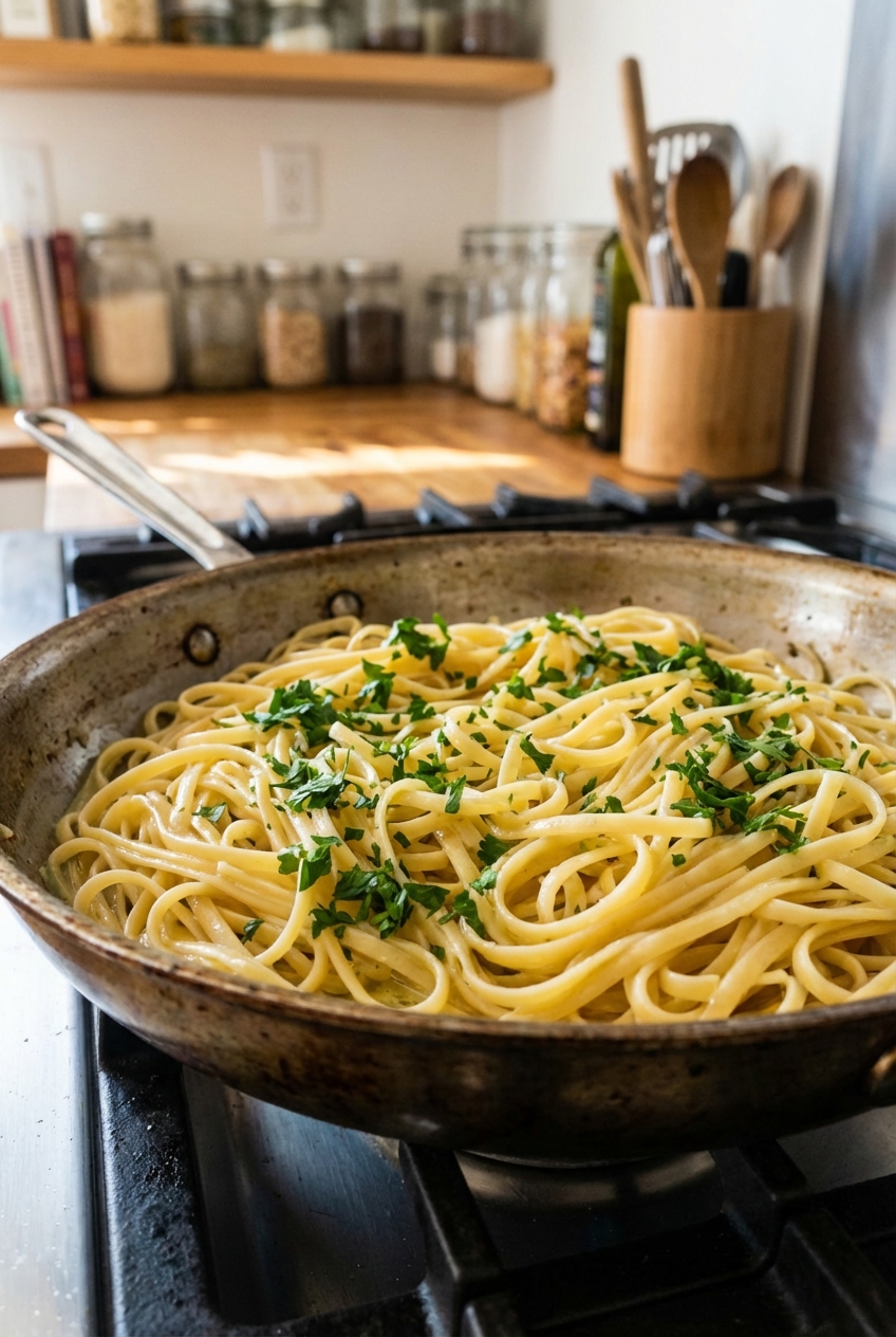 A photograph of cooked linguine in a pan with a light sheen of butter and parsley