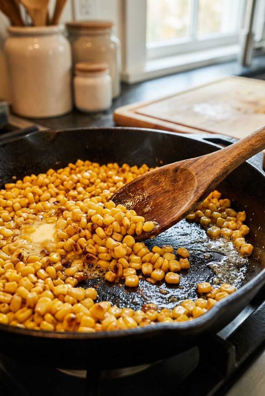 A photograph of corn kernels browning in a buttered skillet with a wooden spoon stirring
