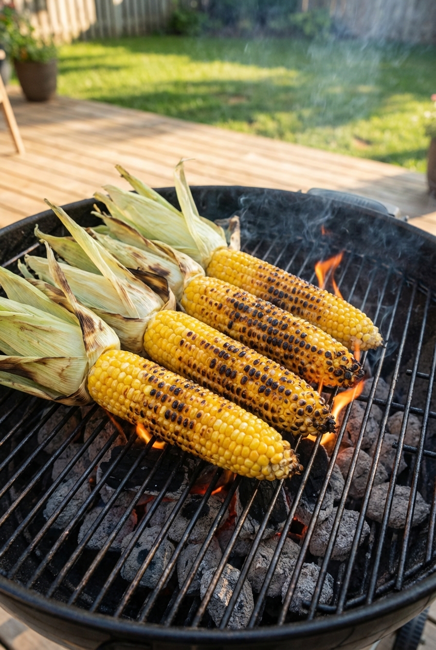 A photograph of corn on the cob charring on a hot grill with visible blistered kernels