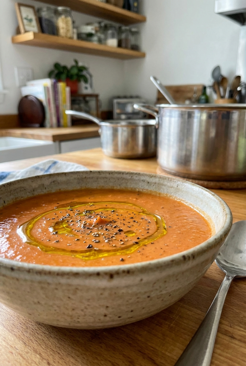 A photograph of creamy tomato soup in a bowl with a drizzle of olive oil and cracked pepper