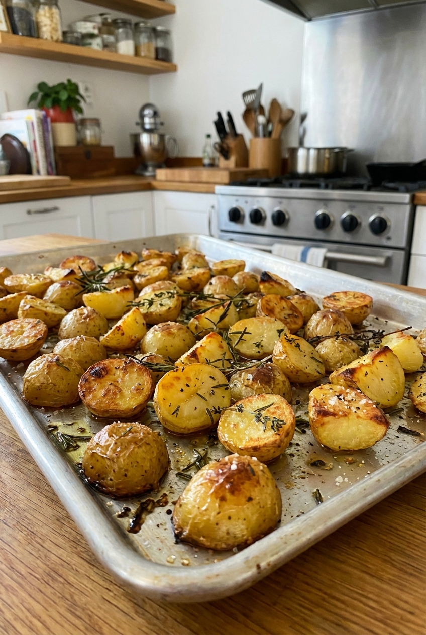 A photograph of crispy oven roasted potatoes on a sheet pan