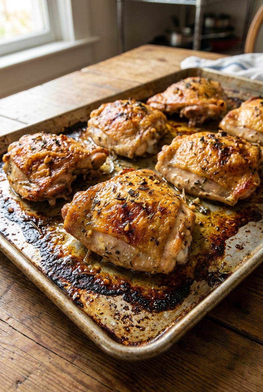 A photograph of crispy roasted chicken thighs on a sheet pan with browned edges