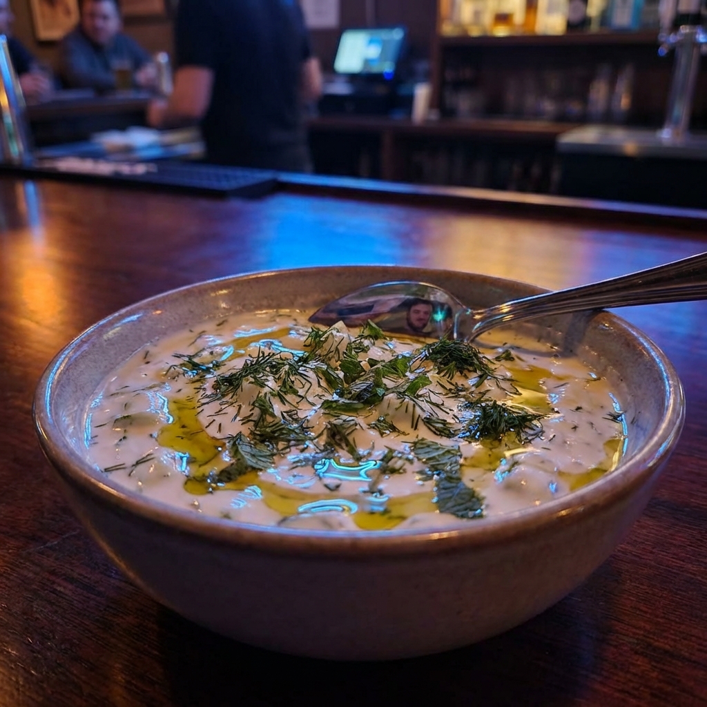 A photograph of cucumber yogurt salad in a bowl with chopped herbs