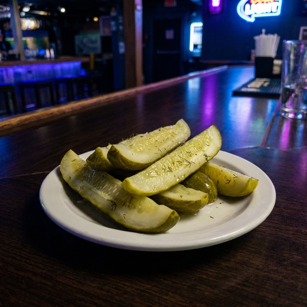A photograph of dill pickle spears on a small plate
