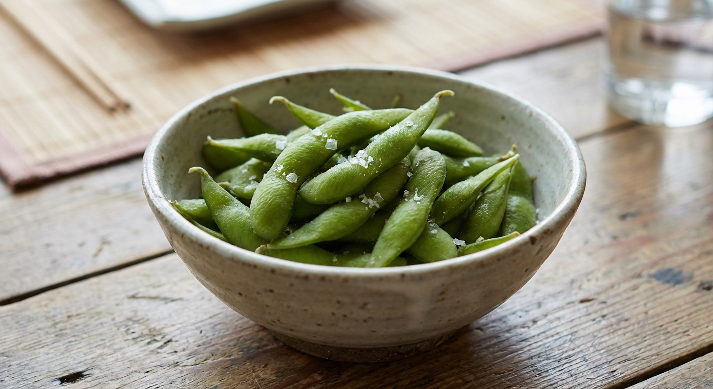 A photograph of edamame sprinkled with flaky salt in a ceramic bowl