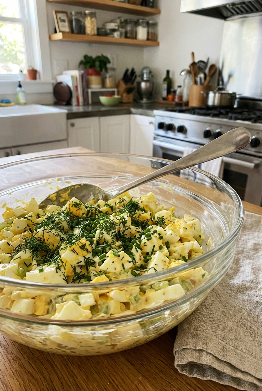 A photograph of egg salad in a mixing bowl with a spoon and chopped herbs scattered on top