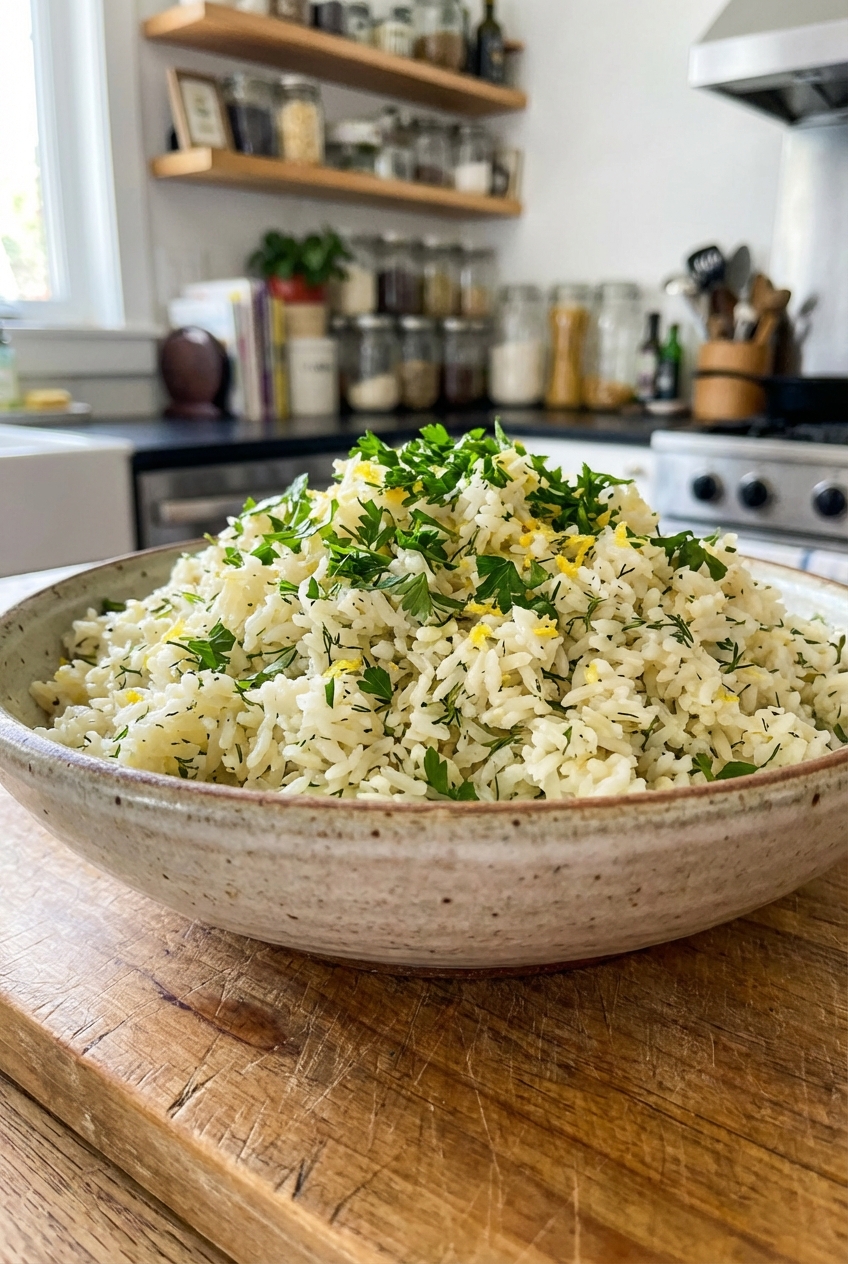 A photograph of fluffy lemon herb rice in a serving bowl with chopped parsley