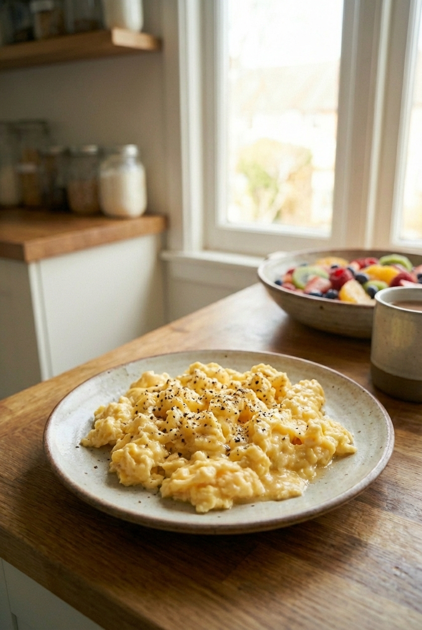 A photograph of fluffy scrambled eggs on a plate with black pepper