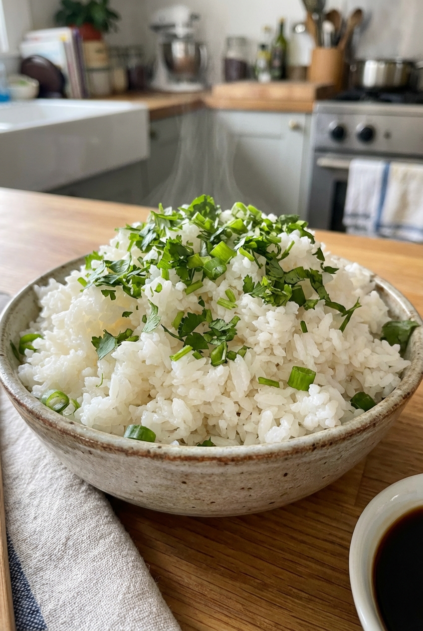A photograph of fluffy white rice in a bowl with chopped herbs on top