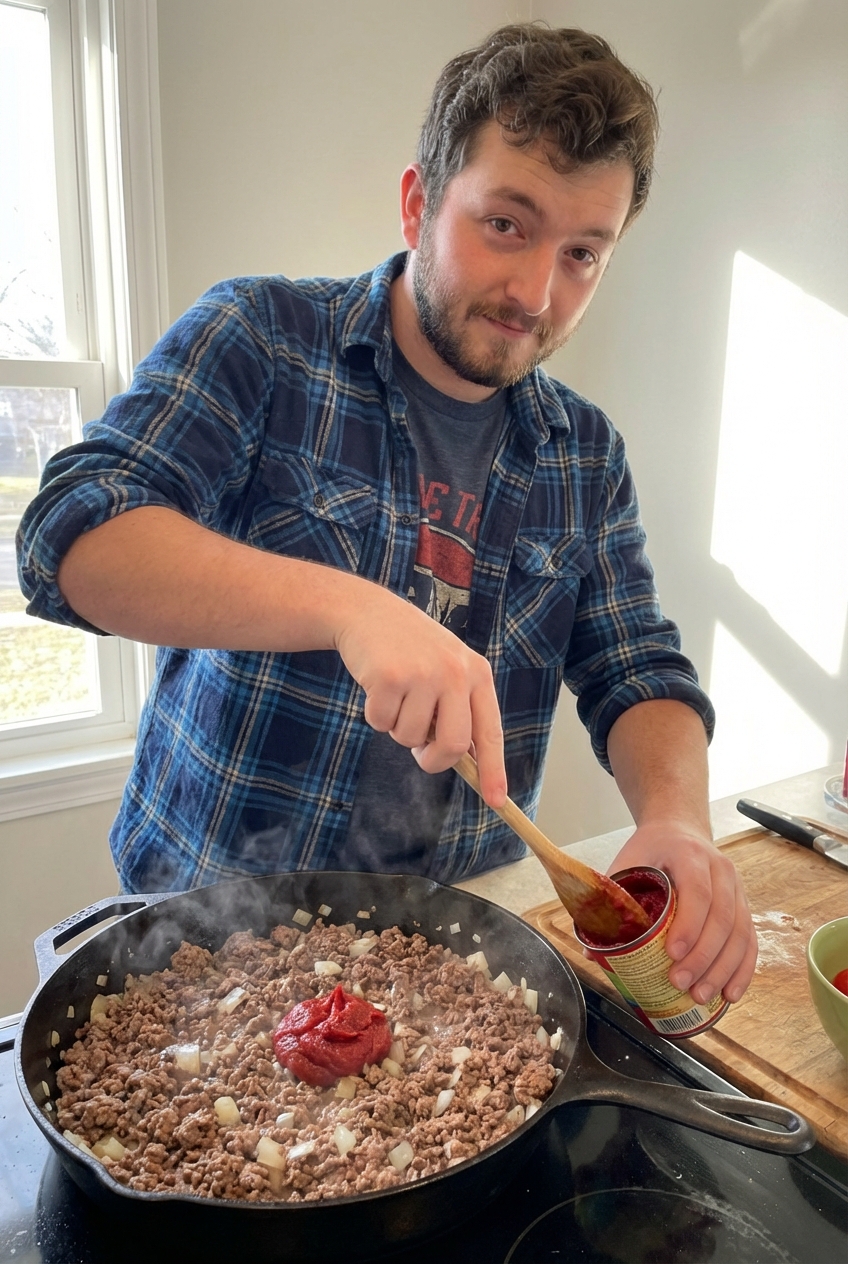 A photograph of ground beef and onions sautéing in a skillet as tomato paste is stirred in